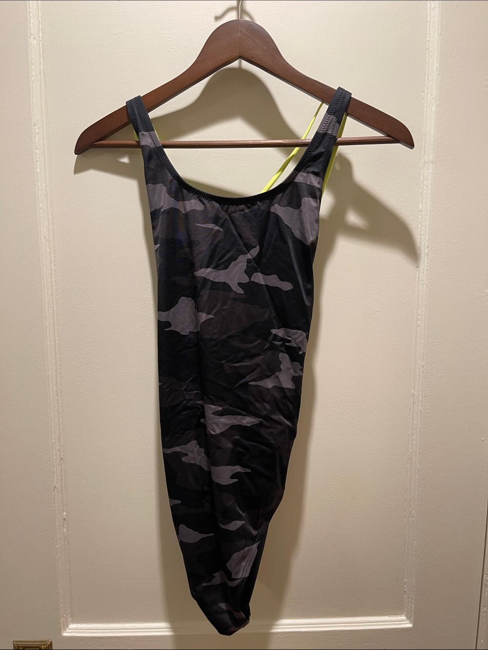 Athleta Black & Gray Camo One-Piece Swimsuit with Neon Accent